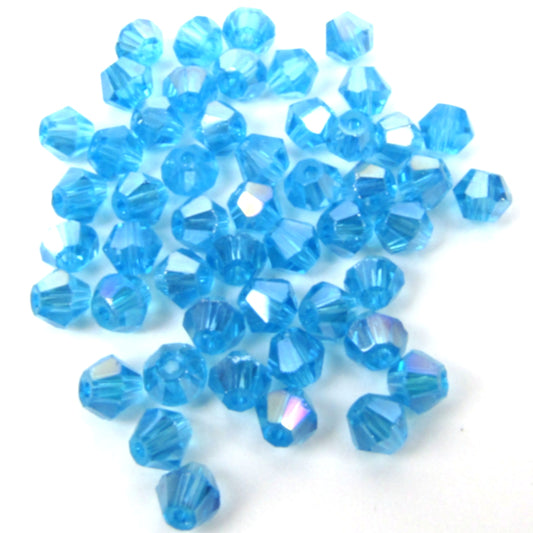 Aqua Blue Faceted Bicone Glass Beads with Aurora Borealis Finish 4 mm