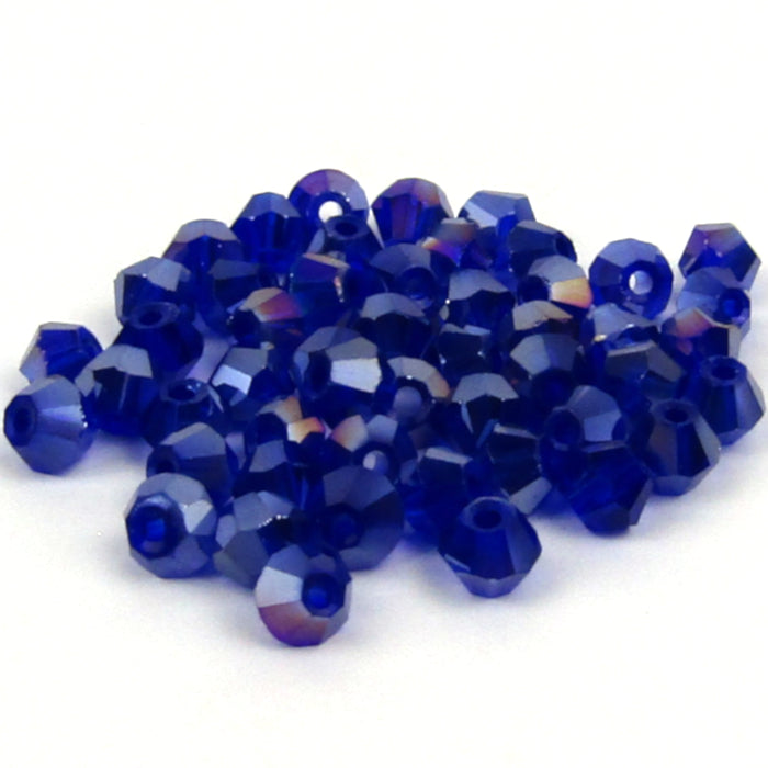 Dark Blue Faceted Bicone Glass Beads with Aurora Borealis Finish 4mm