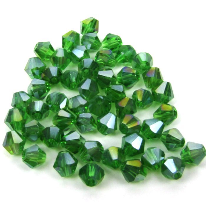 Green Faceted Bicone Glass Beads with Aurora Borealis Finish 4 mm