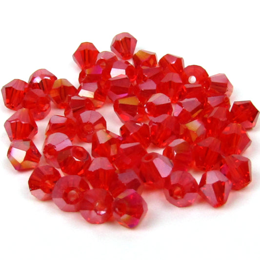 Red Faceted Bicone Glass Beads with Aurora Borealis Finish 4 mm