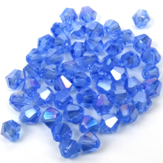 Blue Faceted Bicone Glass Beads with Aurora Borealis Finish 4 mm