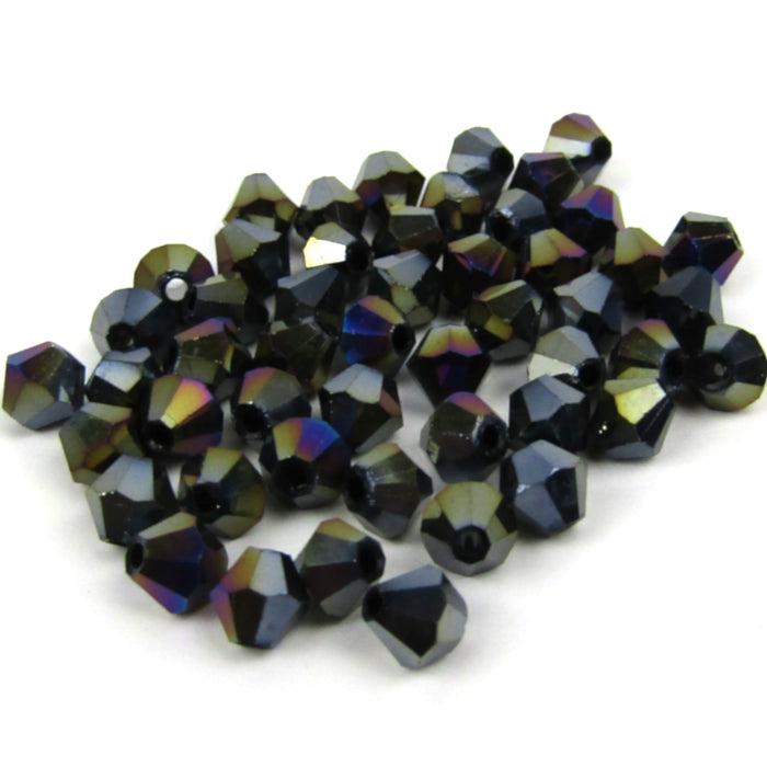 Black Faceted Bicone Glass Beads with Metallic Aurora Borealis Finish 4mm