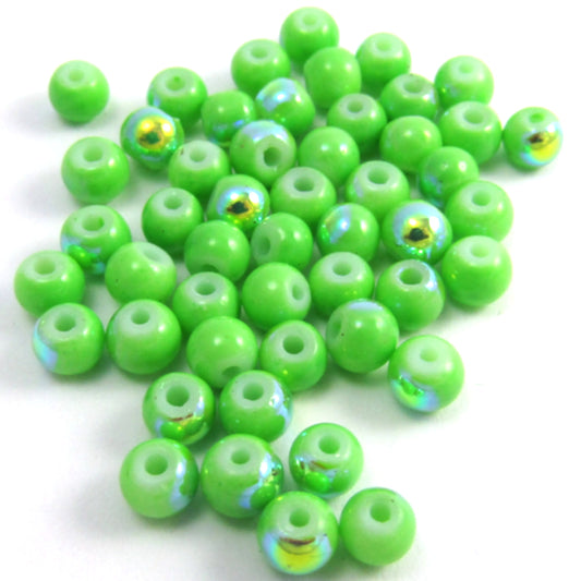 Green Round Glass Beads with Aurora Borealis Finish 4 mm