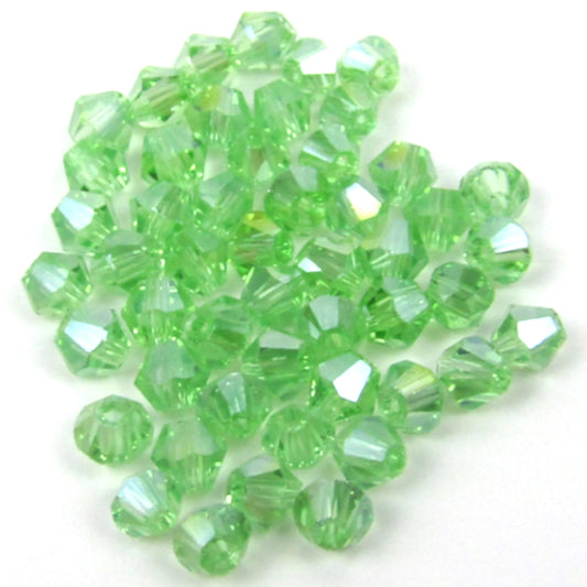 Light Green Faceted Bicone Glass Beads with an Aurora Borealis Finish 4 mm