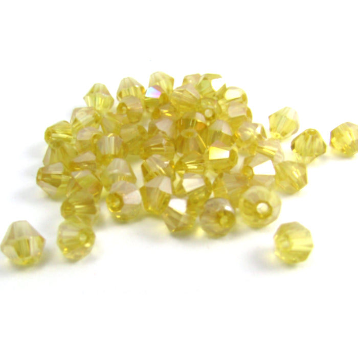 Mellow Yellow Faceted Bicone Glass Beads with Aurora Borealis Finish 4 mm