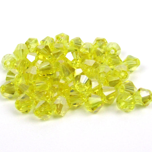 Yellow Faceted Bicone Glass Beads with Aurora Borealis Finish 4mm