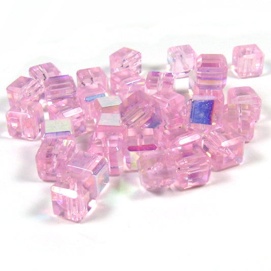 Pink Faceted Glass Cube Beads with Aurora Borealis Finish 6 mm