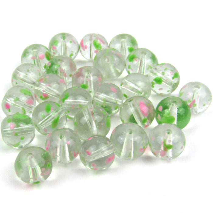 Green and Pink Round Glass Splatter Beads 8mm