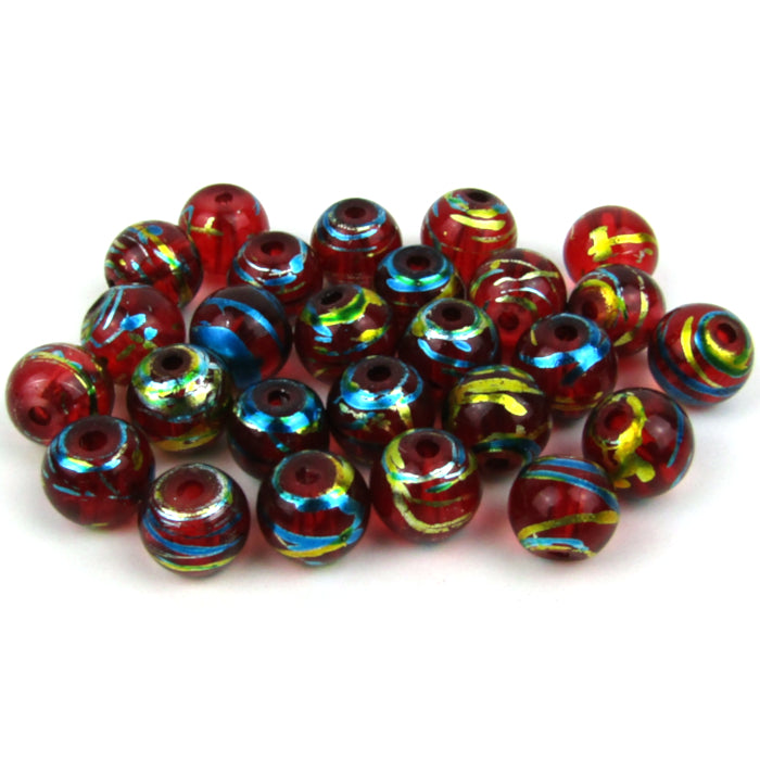 Red and Metallic Round Glass Beads 8mm