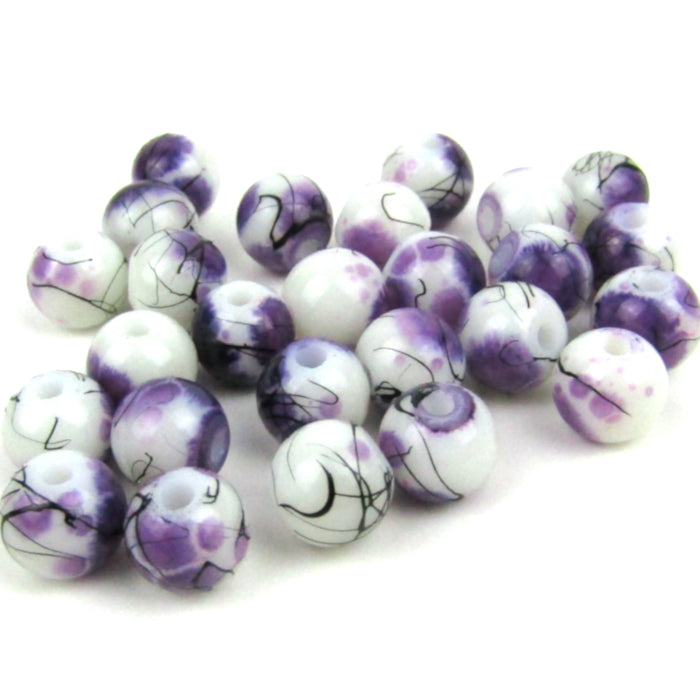 White and Purple Round Glass Beads 8mm